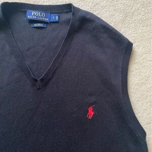 Polo Ralph Lauren Sweater Vest Mens Large Black VNeck Pima Cotton Red Pony Logo